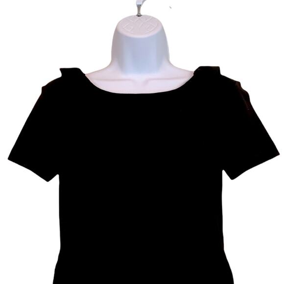 French Connection Dress Sz 6 Short Sleeve Lace Back Little Black Dress Ruffle - Picture 2 of 8